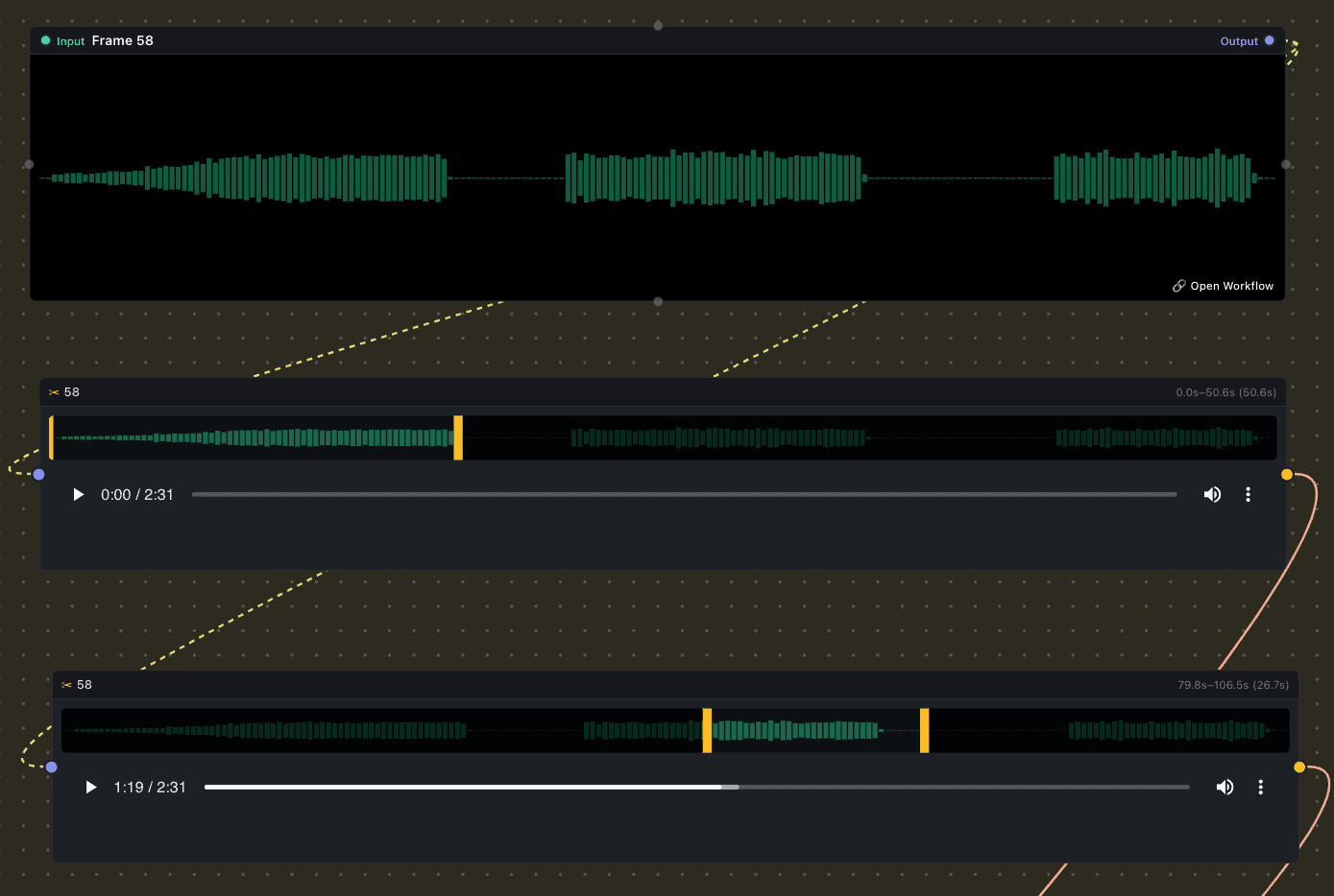 The Trim Video/Audio node in OmniChar, trimming a clip with in and out handles dragged over its filmstrip and waveform.