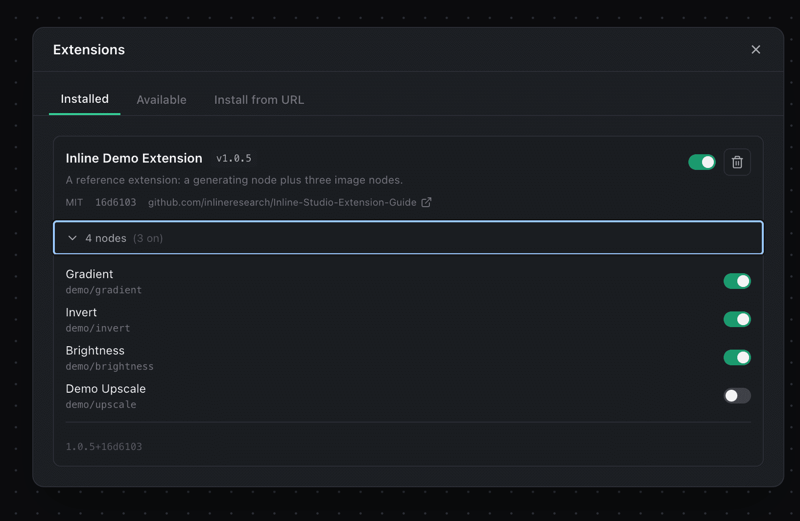 The Extensions dialog in OmniChar, listing community extensions available to install from the registry.
