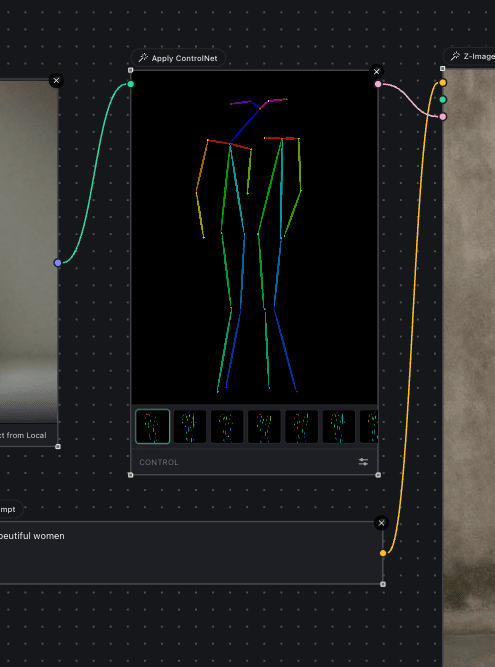 An Apply ControlNet node on the OmniChar canvas, wired between a reference image and the next shot to hold a pose across the sequence.