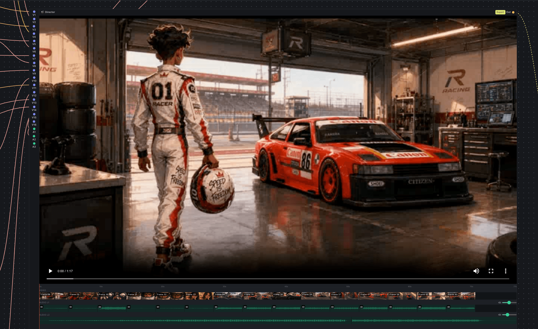 The Video Director node in OmniChar, with a multi-track timeline of rendered frames and layered audio above an in-node video preview.